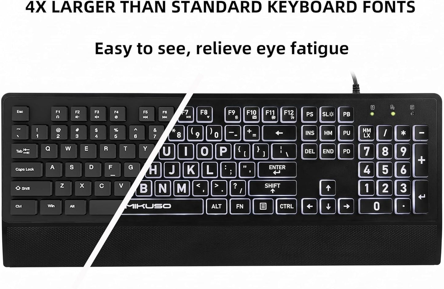 Large Print Keyboard for Seniors,Visually Impaired-High Contrast Black Keys,White Backlit with Cover,Wired USB 104 Full Size-Easy to Read Big Letters for Macular Degeneration Low Vision (No Glare)