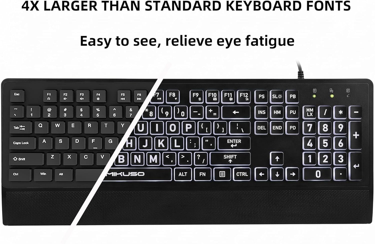 Large Print Keyboard for Seniors,Visually Impaired-High Contrast Black Keys,White Backlit with Cover,Wired USB 104 Full Size-Easy to Read Big Letters for Macular Degeneration Low Vision (No Glare)