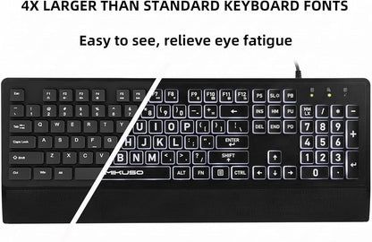 Large Print Keyboard for Seniors,Visually Impaired-High Contrast Black Keys,White Backlit with Cover,Wired USB 104 Full Size-Easy to Read Big Letters for Macular Degeneration Low Vision (No Glare)