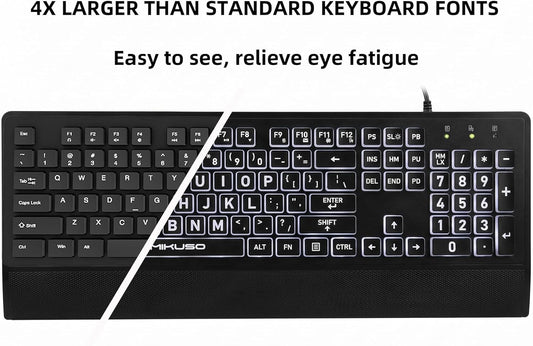 Large Print Keyboard for Seniors,Visually Impaired-High Contrast Black Keys,White Backlit with Cover,Wired USB 104 Full Size-Easy to Read Big Letters for Macular Degeneration Low Vision (No Glare)