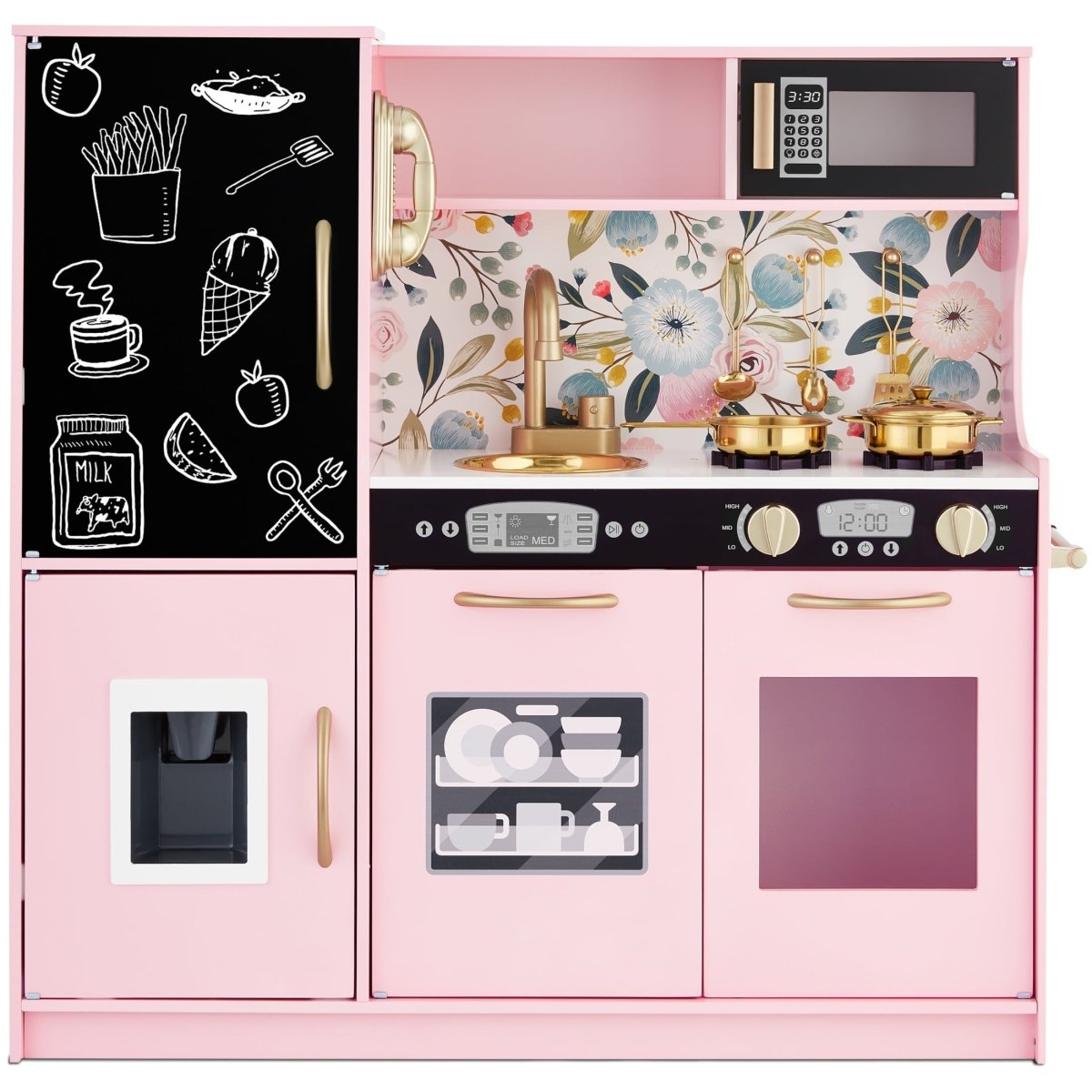 Pink Floral Wooden Pretend Play Kitchen Set for Kids with Utensils, Oven, Microwave & Telephone