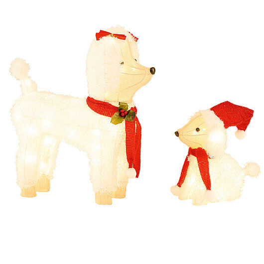 Pre-lit Mama and Baby Poodle Dogs with 60 Warm White LED Lights