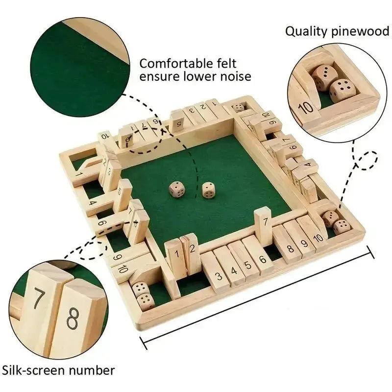 Deluxe Four Sided 10 Numbers Shut the Box Board Game Set Dice Party Club Drinking Games for Adults Families