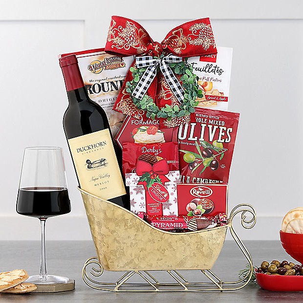 Duckhorn Merlot: Holiday Wine Sleigh Basket