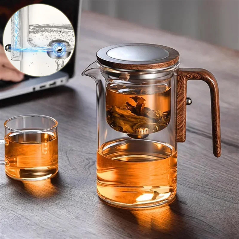 One-Click Magnetic Glass Teapot - Tea Filtration with Wooden Handle and Inner Container