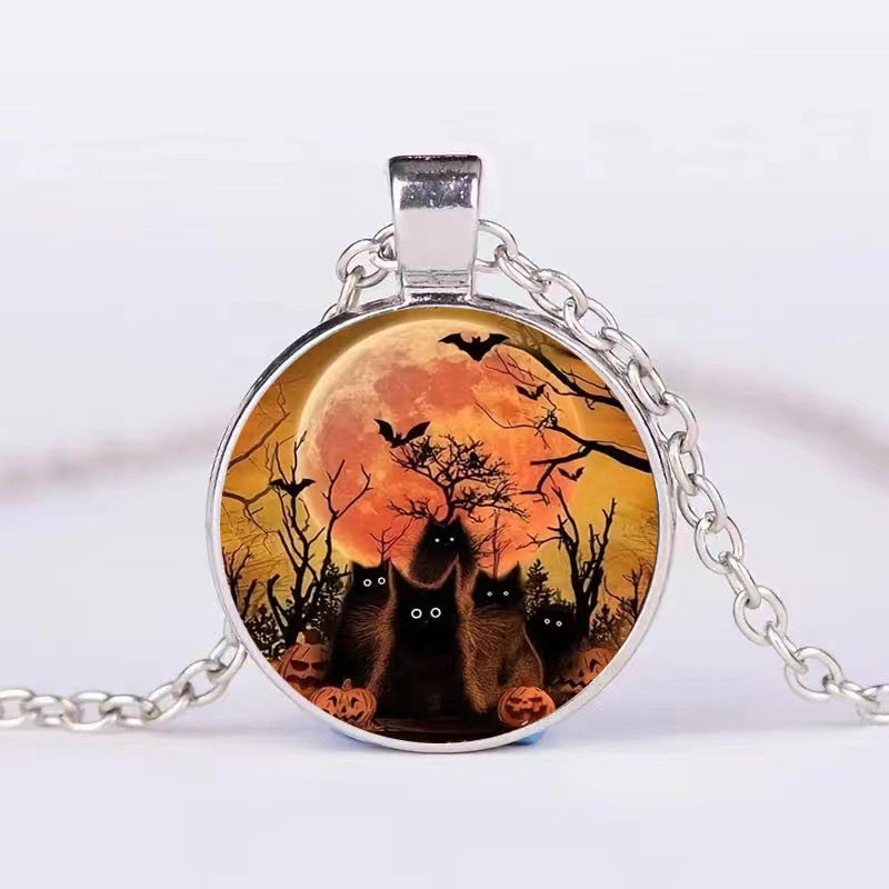 Unique Halloween Jewelry: Round Pendant Necklace with Pumpkin, Ghost, and Bat