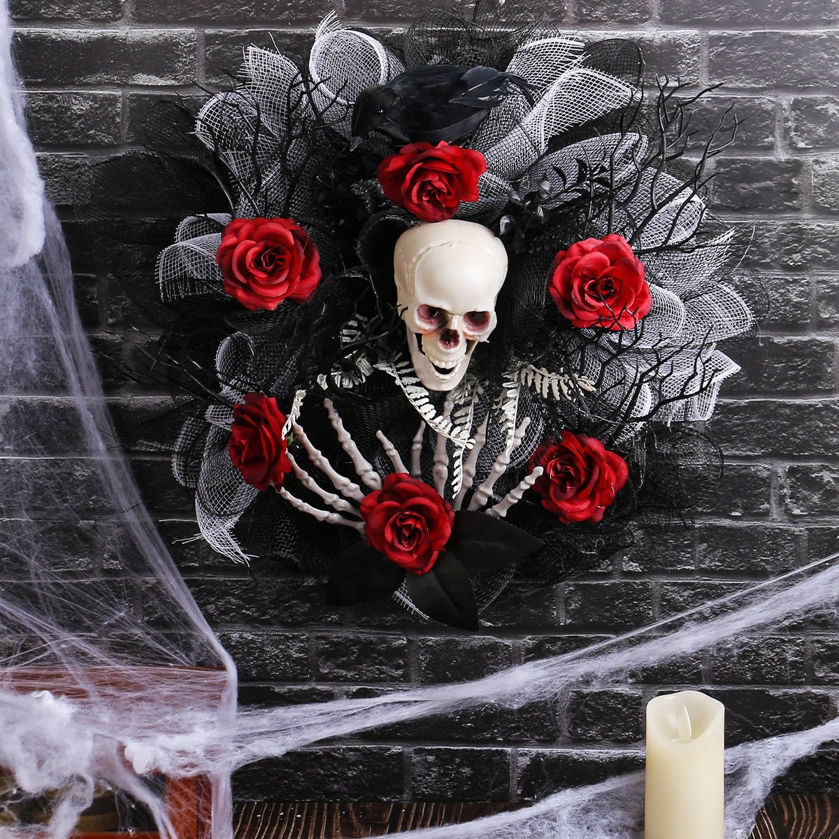 Halloween Door Decoration: Red Rose Skull Mesh Garland