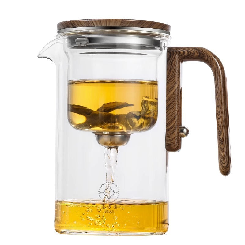 One-Click Magnetic Glass Teapot - Tea Filtration with Wooden Handle and Inner Container