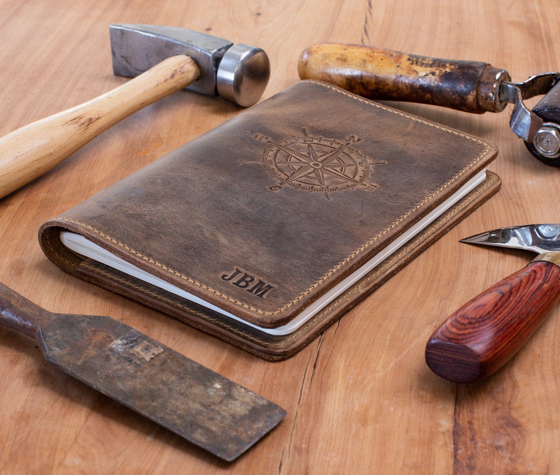 Artisanal Compass Leather Journal - Handcrafted, Custom Fire-Branded, and Refillable Leather Journal, Made in the USA