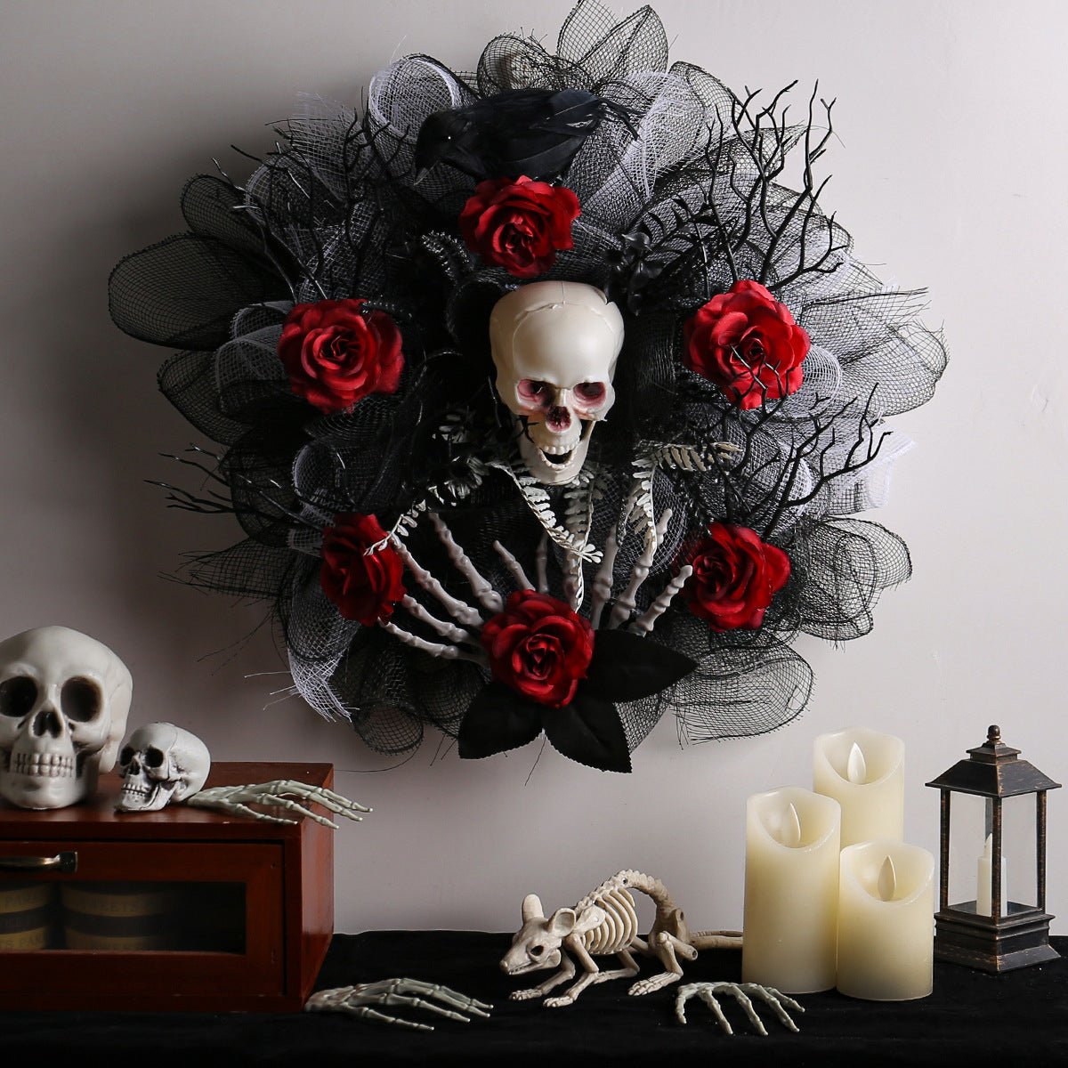 Halloween Door Decoration: Red Rose Skull Mesh Garland