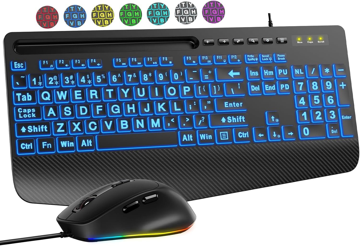 Wired Keyboard Mouse Combo – Large Print Backlit with Ergonomic Wrist Rest & 6-DPI RGB Mouse