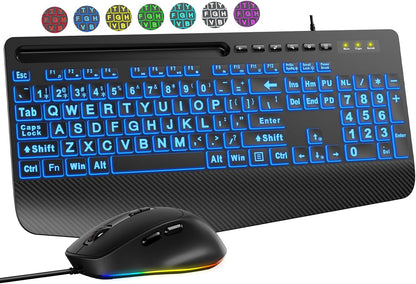 Wired Keyboard Mouse Combo – Large Print Backlit with Ergonomic Wrist Rest & 6-DPI RGB Mouse