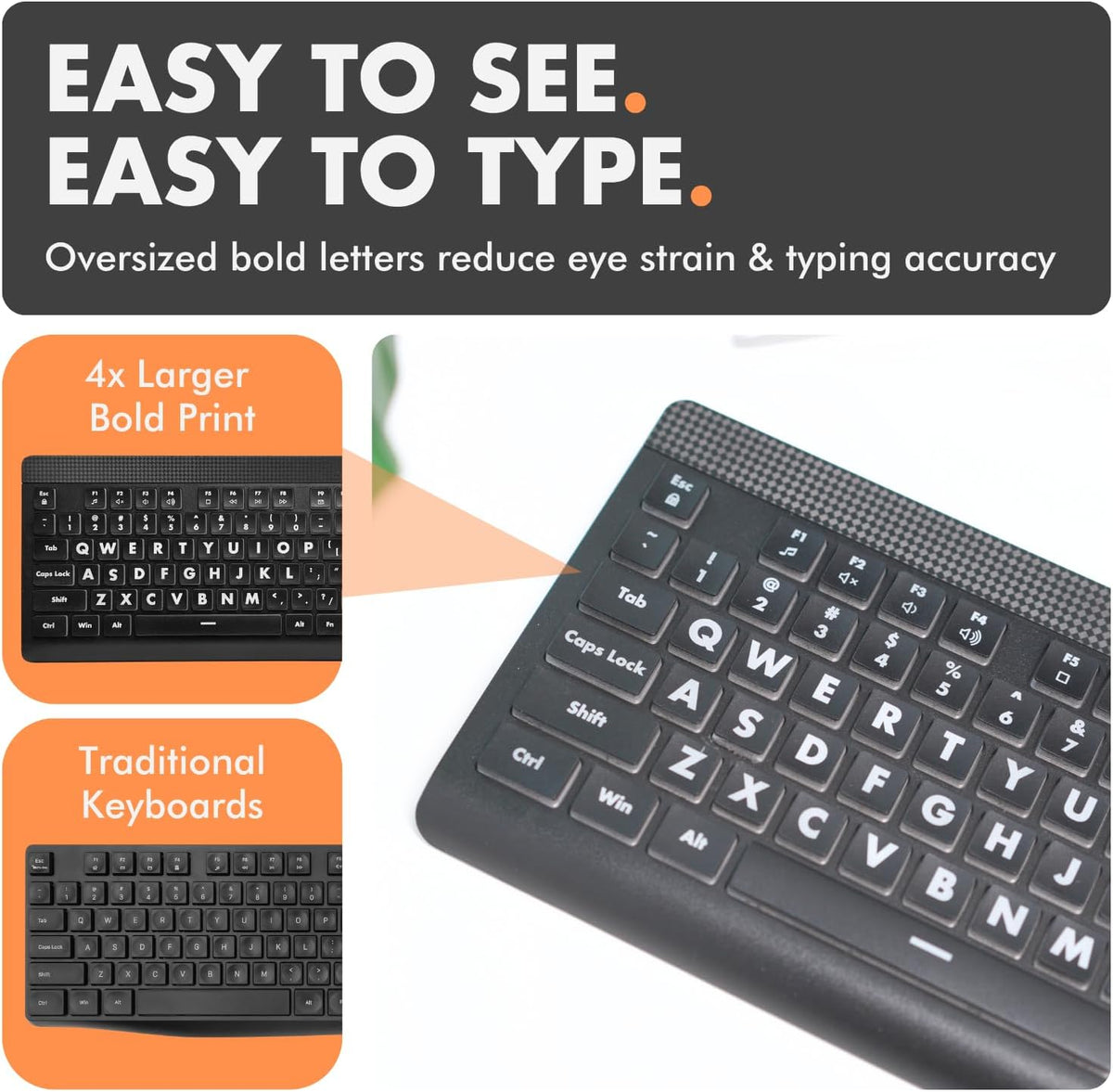 Large Print Backlit Keyboard – 7-Color LED, USB Wired, Full Size 107-Key for Seniors & Low Vision
