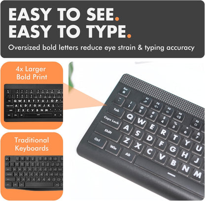 Large Print Backlit Keyboard – 7-Color LED, USB Wired, Full Size 107-Key for Seniors & Low Vision