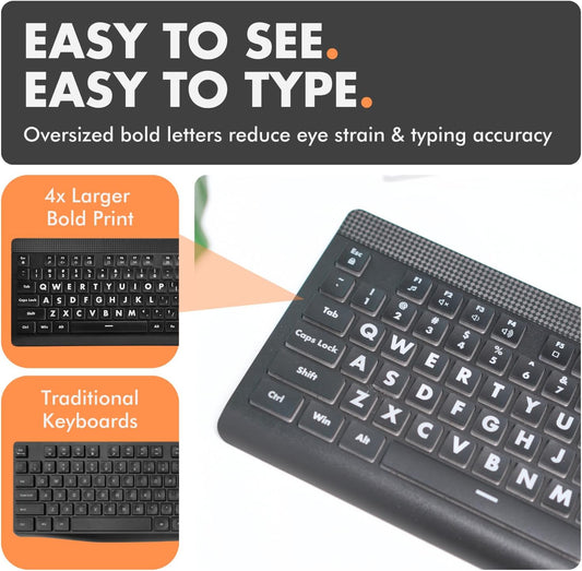 Large Print Backlit Keyboard – 7-Color LED, USB Wired, Full Size 107-Key for Seniors & Low Vision