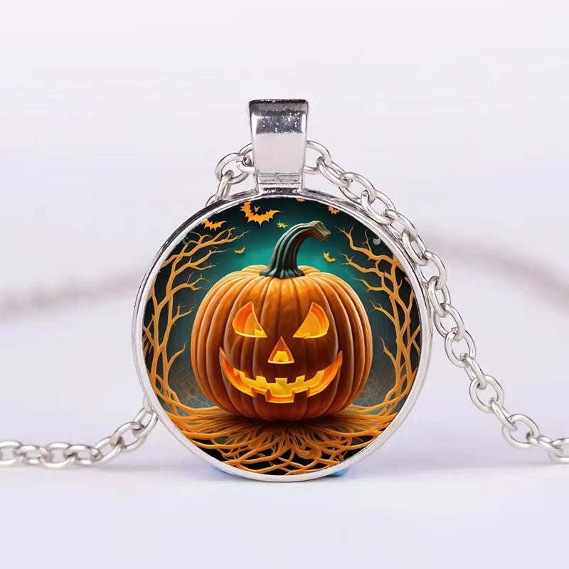 Unique Halloween Jewelry: Round Pendant Necklace with Pumpkin, Ghost, and Bat