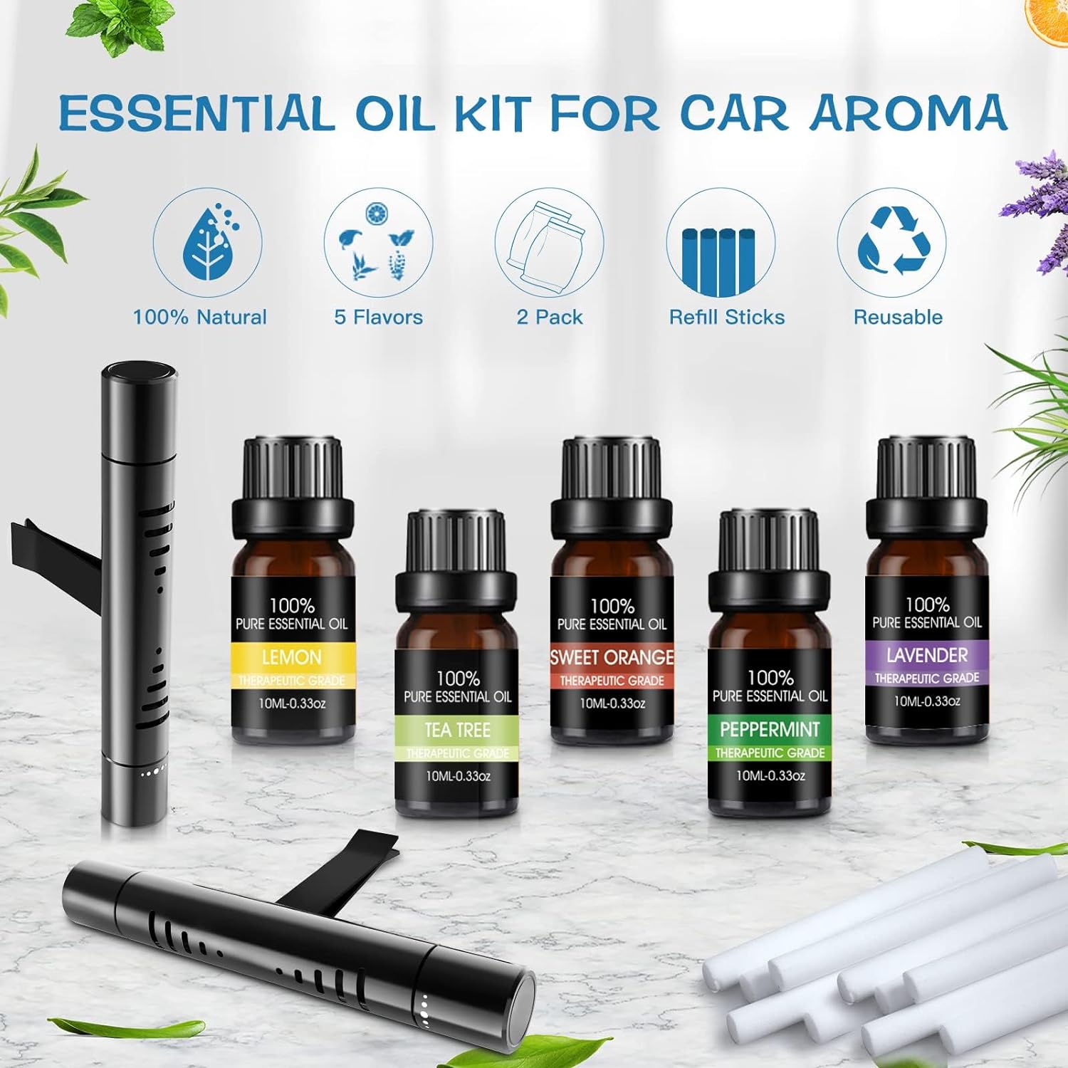 Car Air Fresheners Clip Set with 5 Essential Oil Scents(10Ml Each) 12 Refill Sticks