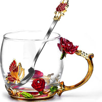 Charming Butterfly Rose Glass Coffee Mug-11.3 Oz Enamel Tea Cup with Spoon