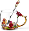 Charming Butterfly Rose Glass Coffee Mug-11.3 Oz Enamel Tea Cup with Spoon