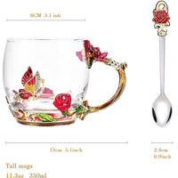 Red Charming Butterfly Rose Glass Coffee Mug-11.3 Oz Enamel Tea Cup with Spoon