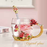 Red Charming Butterfly Rose Glass Coffee Mug-11.3 Oz Enamel Tea Cup with Spoon
