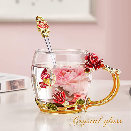 Red Charming Butterfly Rose Glass Coffee Mug-11.3 Oz Enamel Tea Cup with Spoon
