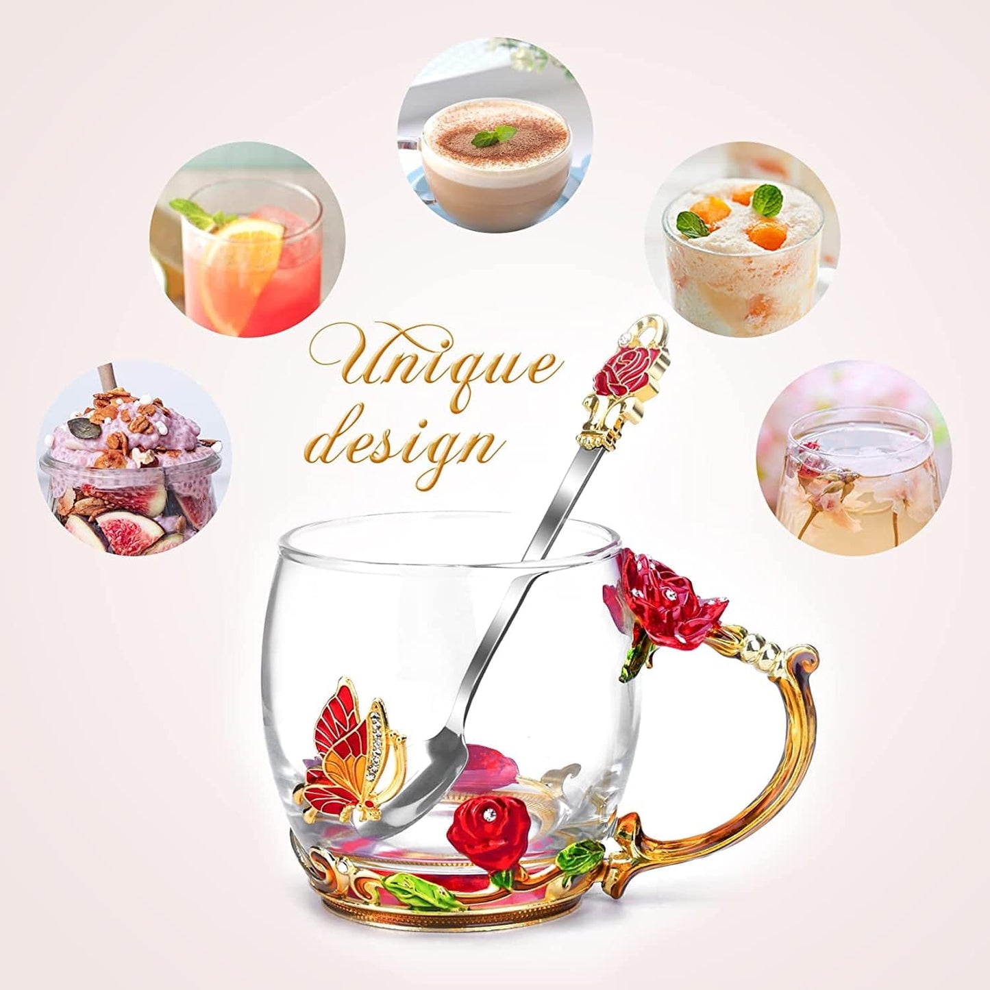 Red Charming Butterfly Rose Glass Coffee Mug-11.3 Oz Enamel Tea Cup with Spoon