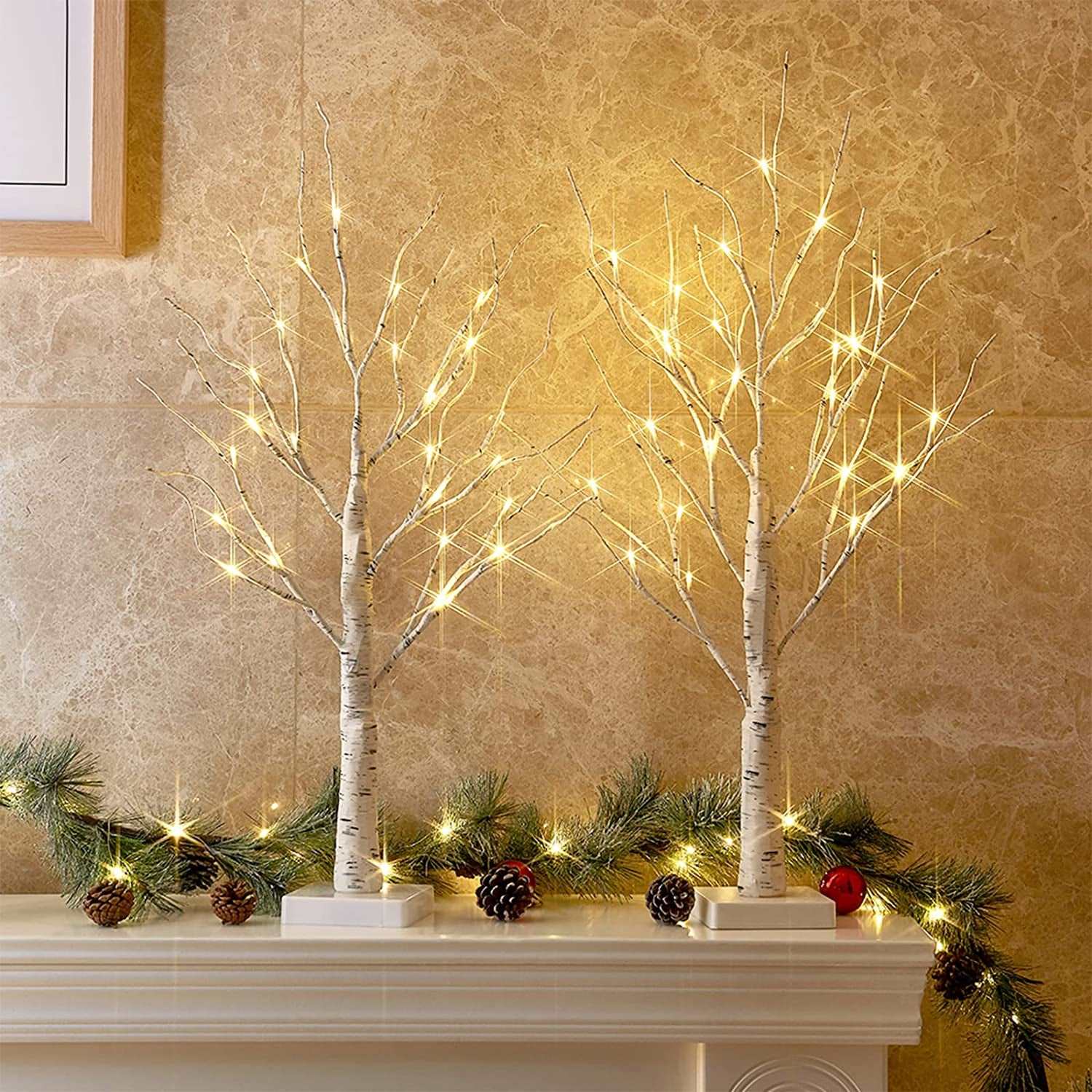 White Christmas Decorations, 2FT Birch Tree with LED Lights, Warm White Light up Tree Lamp, Fairy Light Spirit Tree for Xmas Indoor Home Table Fireplace Decor, Battery Powered, 6H/18H Timer (2PK)