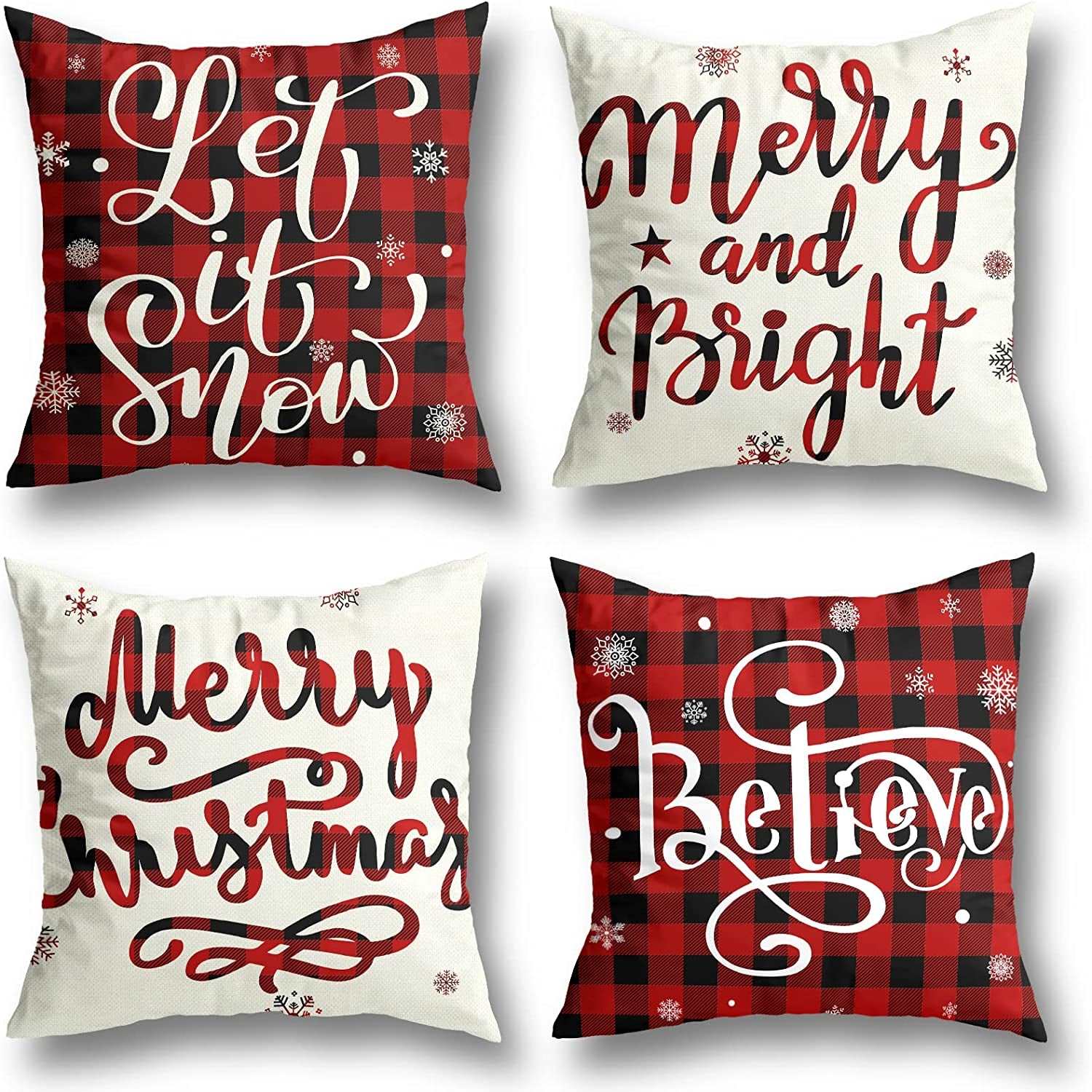 18X18 Christmas Decorations Christmas Pillow Covers 18X18 Inches Set of 4 Farmhouse Buffalo Plaid Black and Red Throw Pillow Case