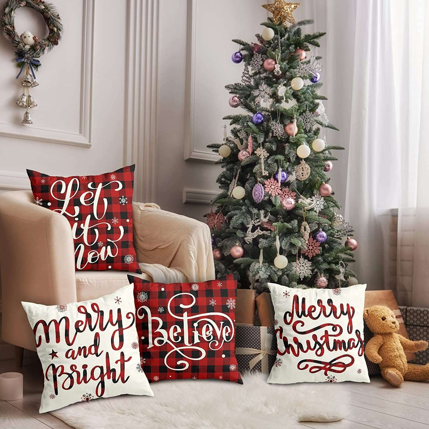 18X18 Christmas Decorations Christmas Pillow Covers 18X18 Inches Set of 4 Farmhouse Buffalo Plaid Black and Red Throw Pillow Case