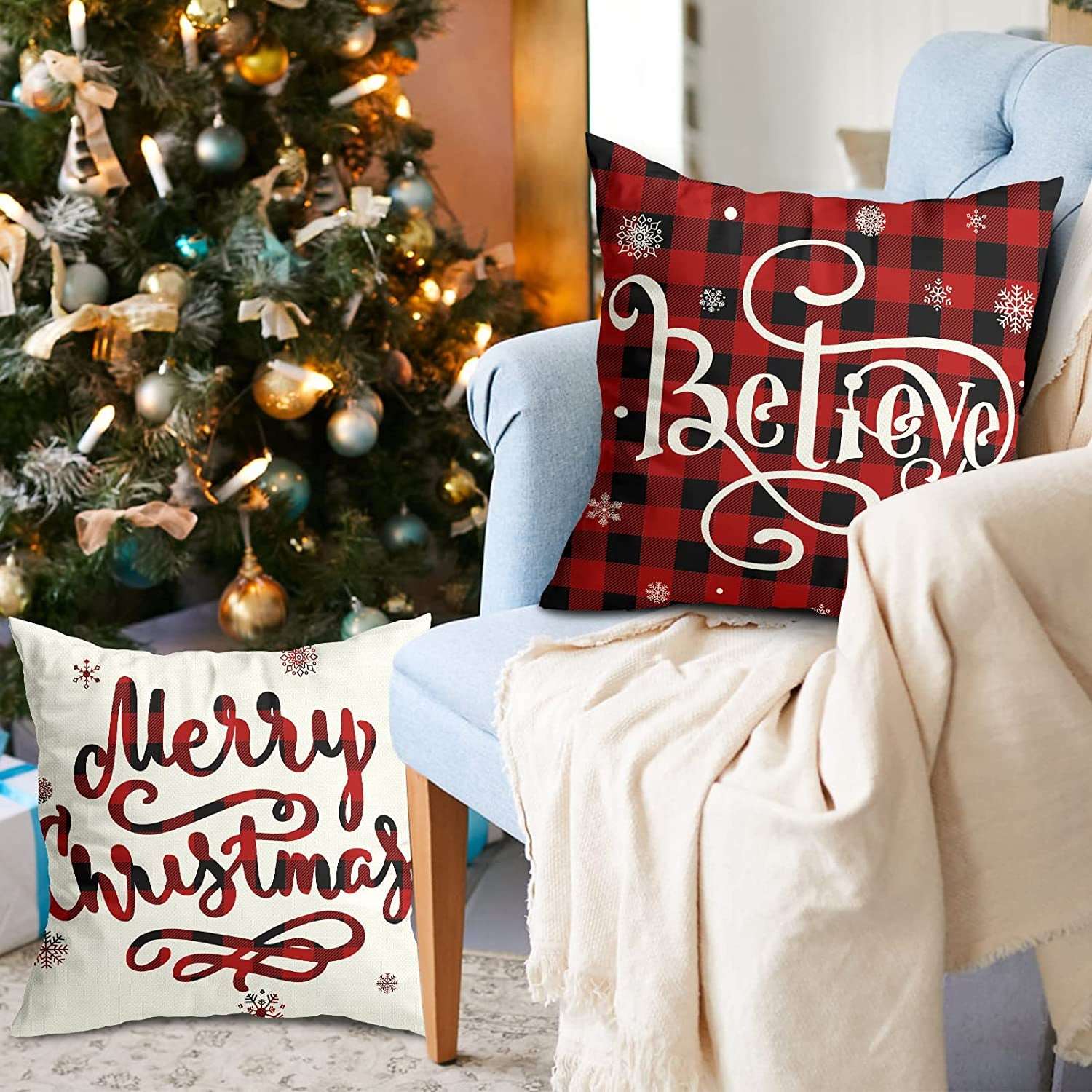 18X18 Christmas Decorations Christmas Pillow Covers 18X18 Inches Set of 4 Farmhouse Buffalo Plaid Black and Red Throw Pillow Case