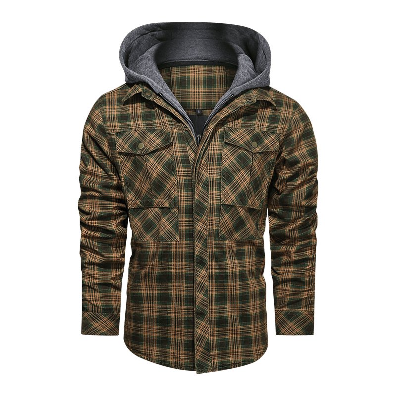 Classic Men's Long-Sleeved Plaid Jacket with Regular Fit, Fleece Lining, and Detachable Hood