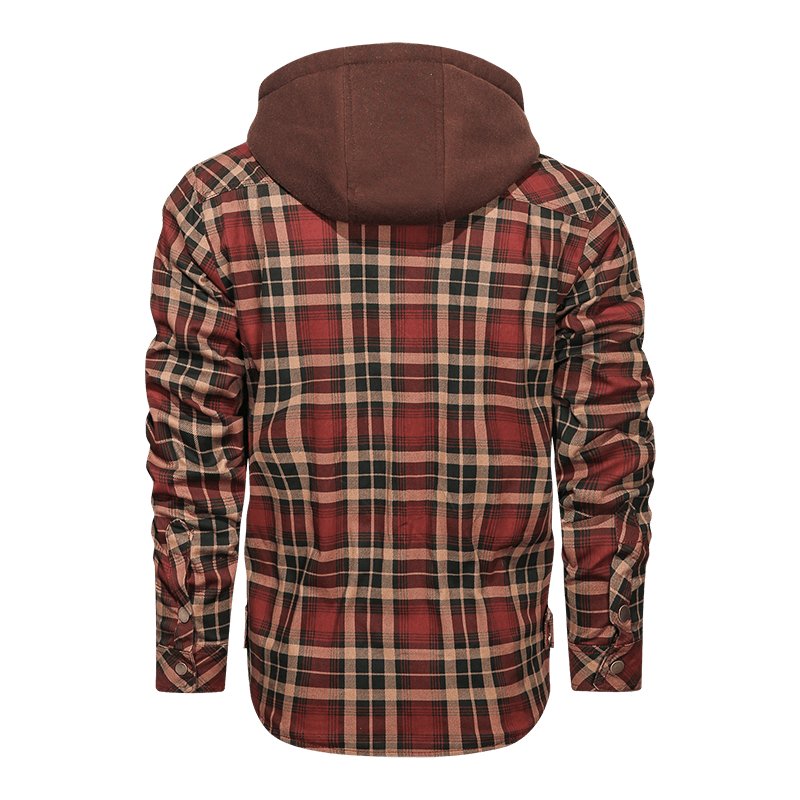 Classic Men's Long-Sleeved Plaid Jacket with Regular Fit, Fleece Lining, and Detachable Hood Accessories CJ   