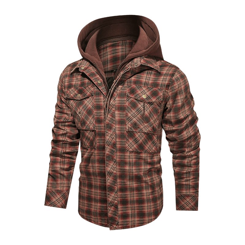 Classic Men's Long-Sleeved Plaid Jacket with Regular Fit, Fleece Lining, and Detachable Hood Accessories CJ   