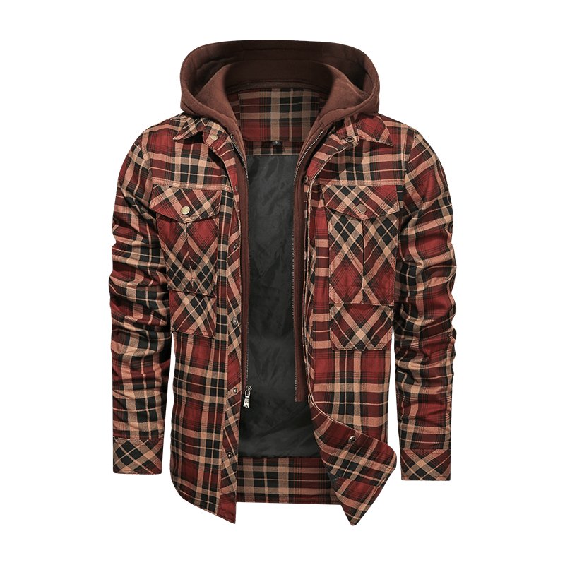 Brown / L Classic Men's Long-Sleeved Plaid Jacket with Regular Fit, Fleece Lining, and Detachable Hood