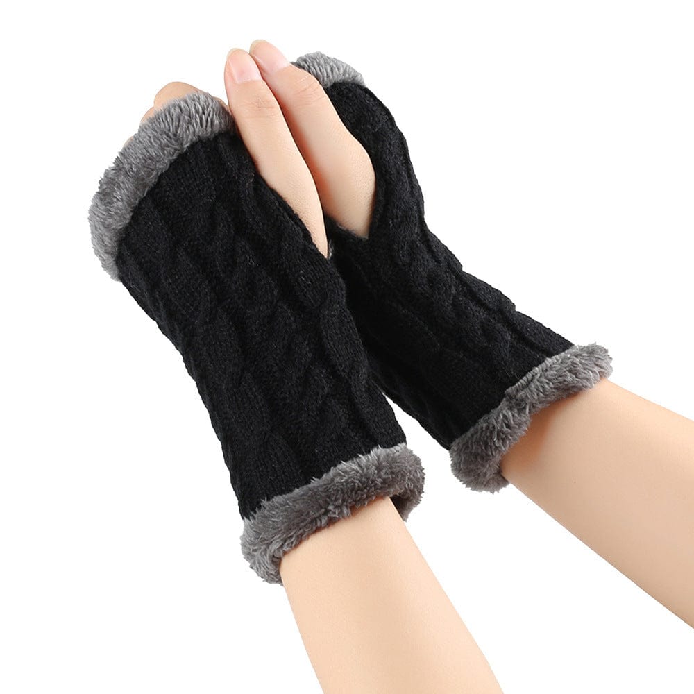 Black / One Size Cozy Winter Essentials: Knitted Fingerless Fleece Gloves with Plush Twist for Women's Warmth