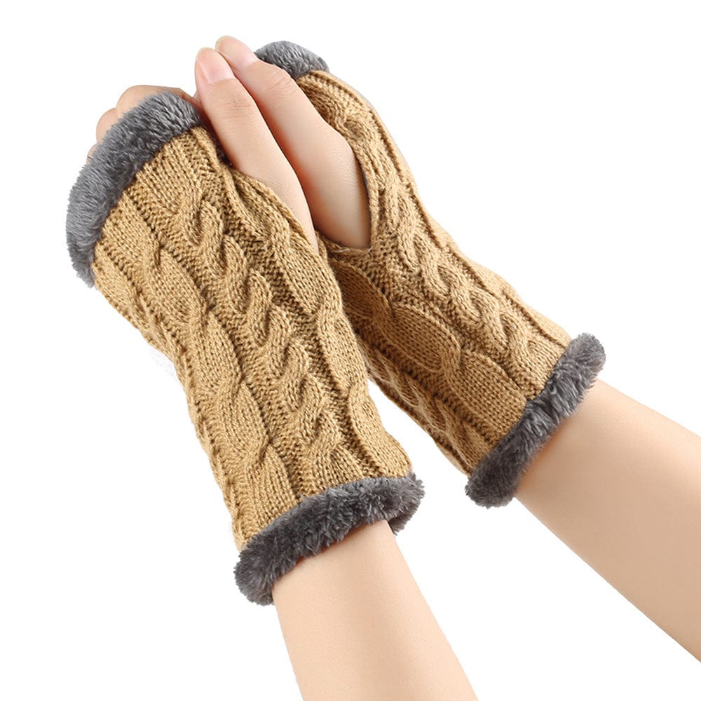 Camel / One Size Cozy Winter Essentials: Knitted Fingerless Fleece Gloves with Plush Twist for Women's Warmth