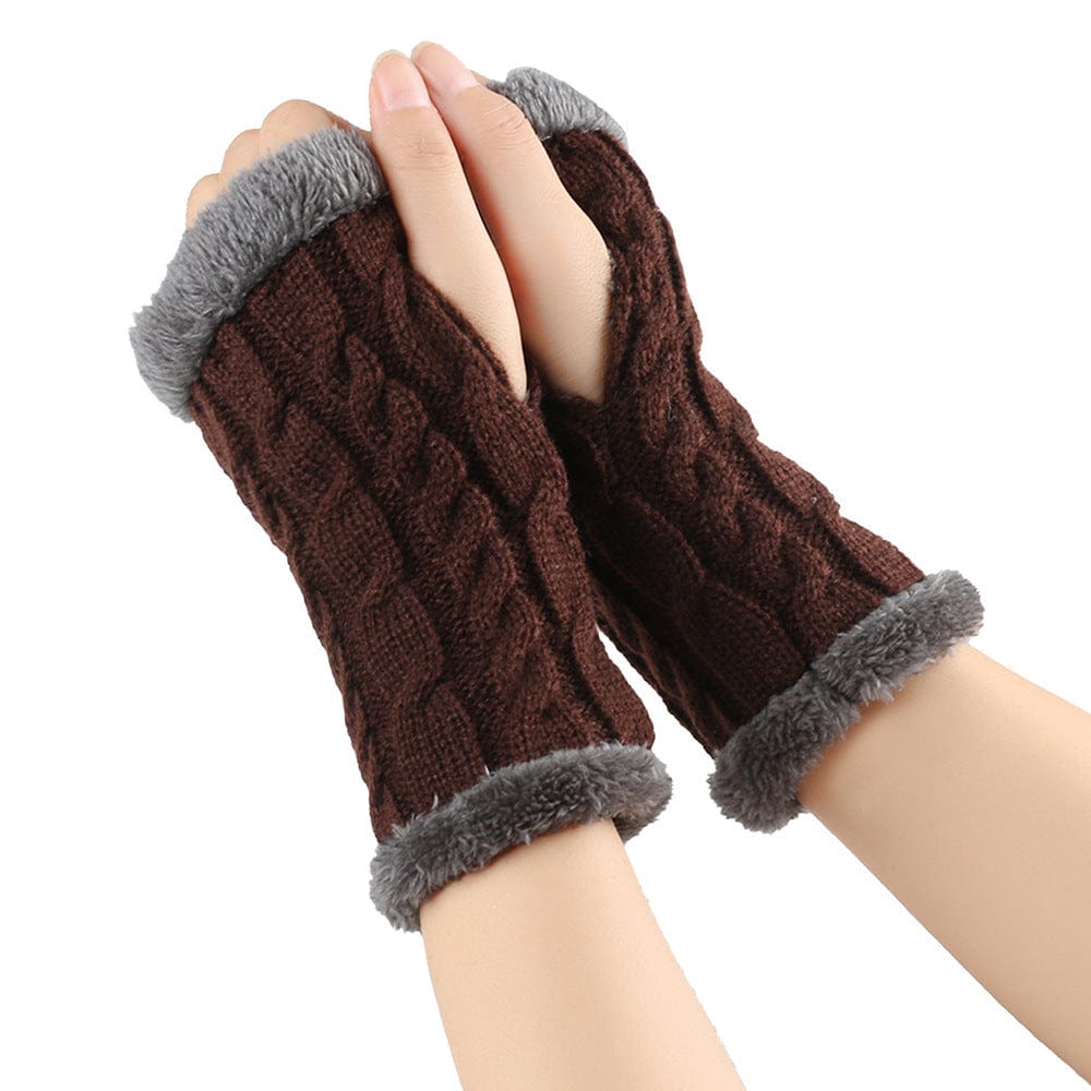 Coffee / One Size Cozy Winter Essentials: Knitted Fingerless Fleece Gloves with Plush Twist for Women's Warmth