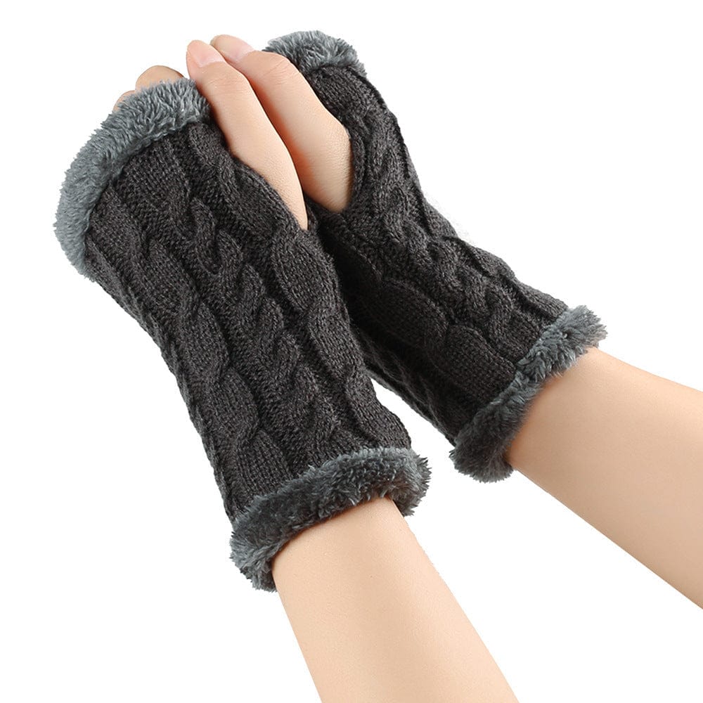 Dark Grey / One Size Cozy Winter Essentials: Knitted Fingerless Fleece Gloves with Plush Twist for Women's Warmth