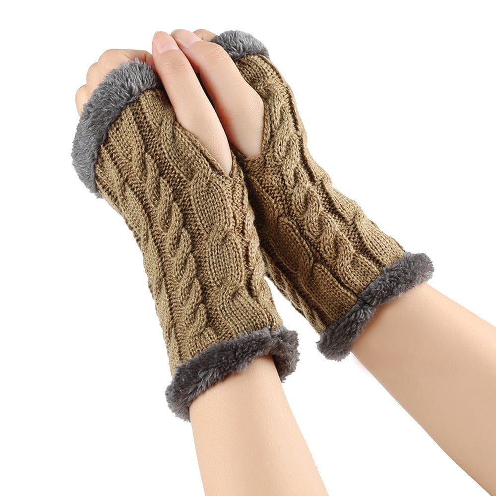 Dark Khaki / One Size Cozy Winter Essentials: Knitted Fingerless Fleece Gloves with Plush Twist for Women's Warmth