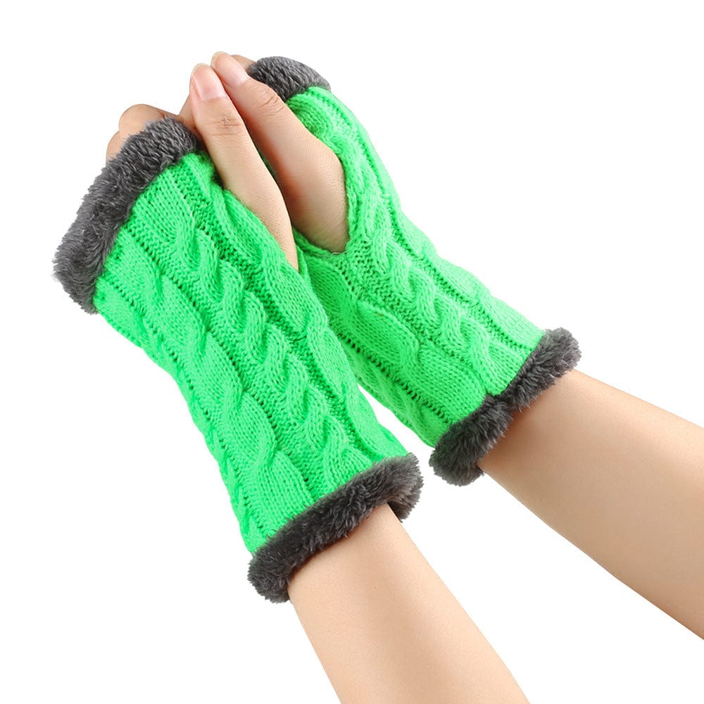 Green / One Size Cozy Winter Essentials: Knitted Fingerless Fleece Gloves with Plush Twist for Women's Warmth