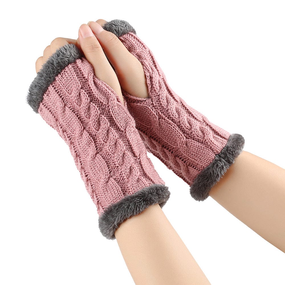 Leather Purple / One Size Cozy Winter Essentials: Knitted Fingerless Fleece Gloves with Plush Twist for Women's Warmth