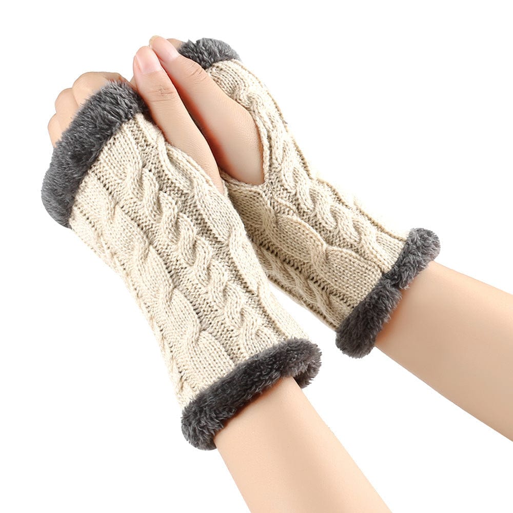 Light Beige / One Size Cozy Winter Essentials: Knitted Fingerless Fleece Gloves with Plush Twist for Women's Warmth