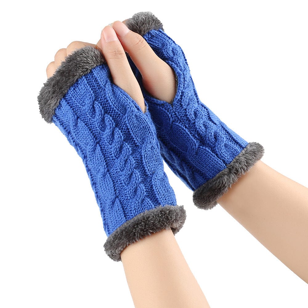 Light Blue / One Size Cozy Winter Essentials: Knitted Fingerless Fleece Gloves with Plush Twist for Women's Warmth