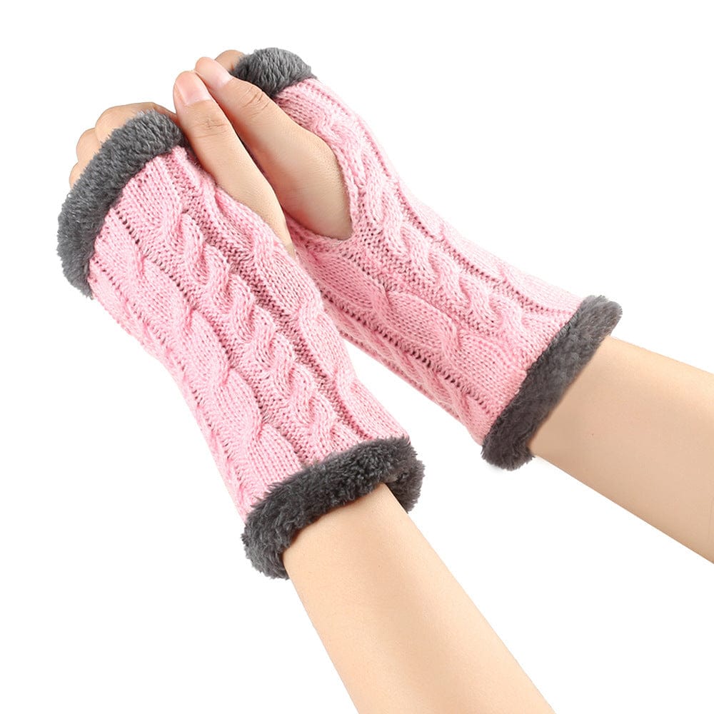 Pink / One Size Cozy Winter Essentials: Knitted Fingerless Fleece Gloves with Plush Twist for Women's Warmth