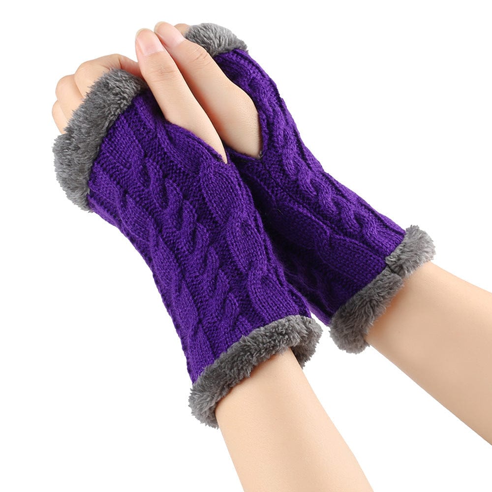 Purple / One Size Cozy Winter Essentials: Knitted Fingerless Fleece Gloves with Plush Twist for Women's Warmth