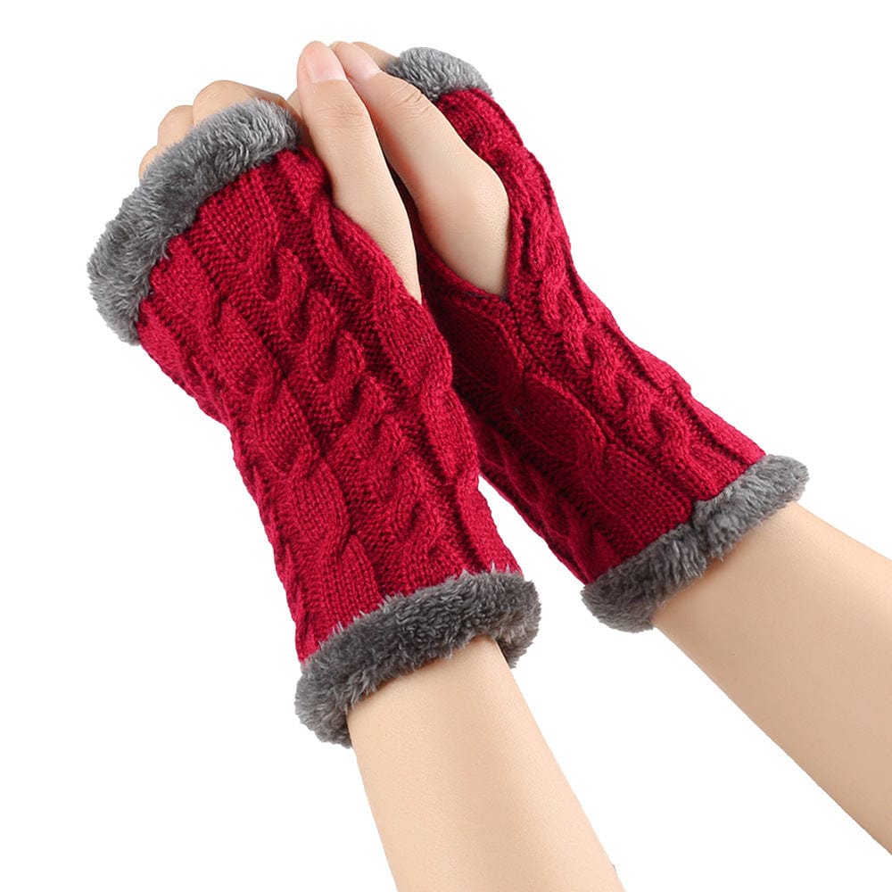 Wine Red / One Size Cozy Winter Essentials: Knitted Fingerless Fleece Gloves with Plush Twist for Women's Warmth