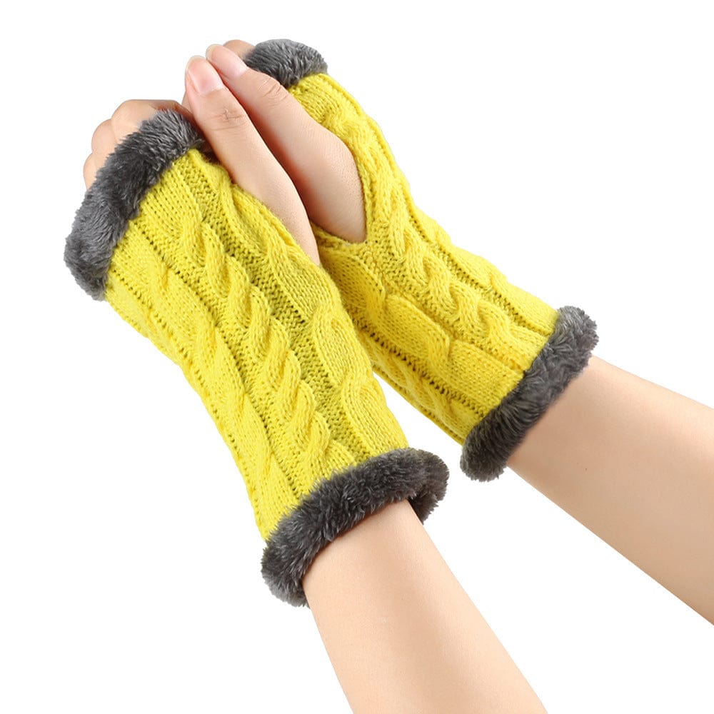 Yellow / One Size Cozy Winter Essentials: Knitted Fingerless Fleece Gloves with Plush Twist for Women's Warmth