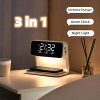 White Creative 3 In 1 Bedside Lamp Wireless Charging LCD Screen Alarm Clock  Wireless Phone Charger For Iphone