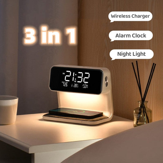 White Creative 3 In 1 Bedside Lamp Wireless Charging LCD Screen Alarm Clock  Wireless Phone Charger For Iphone